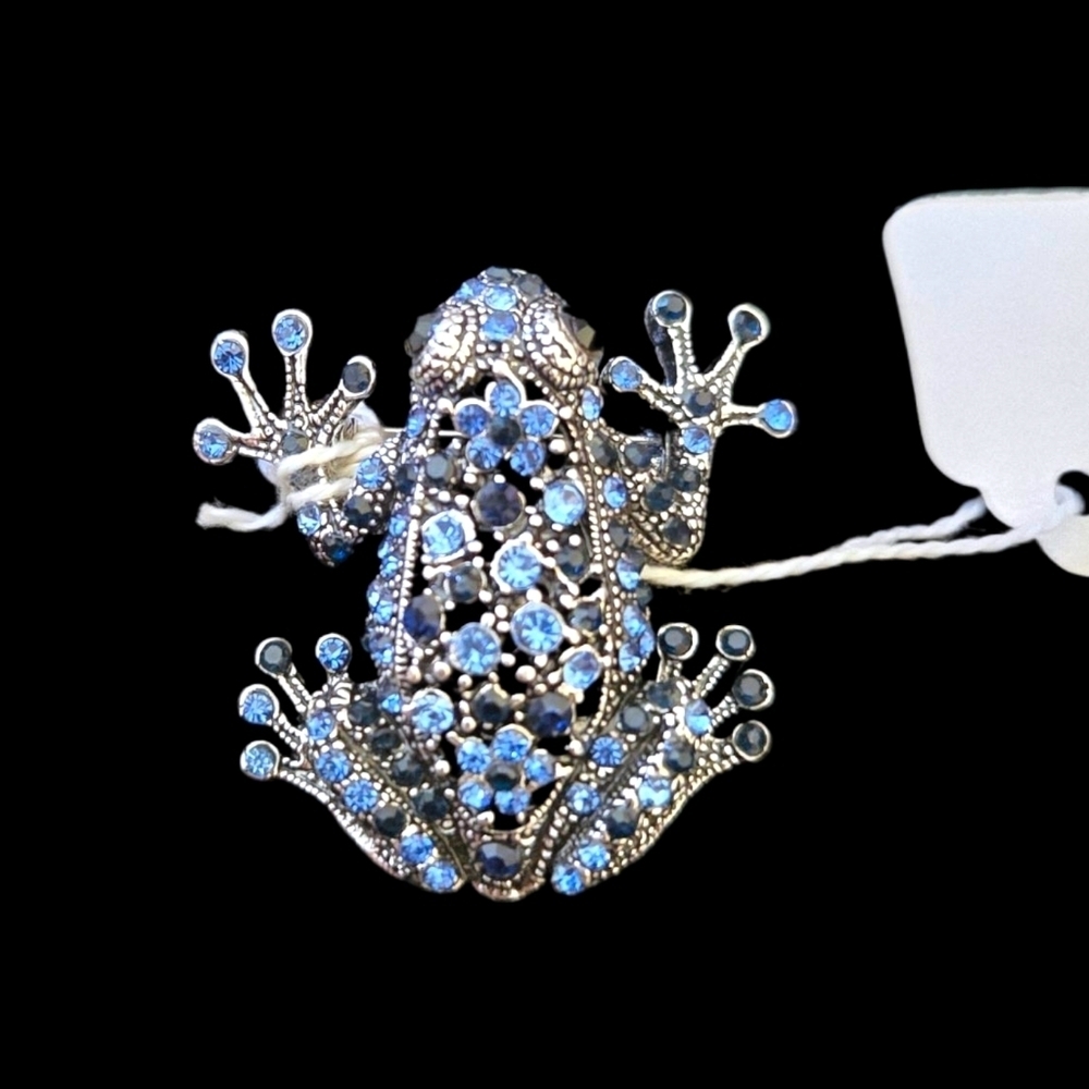 Silver/ Blue Rhinestone Frog Brooch